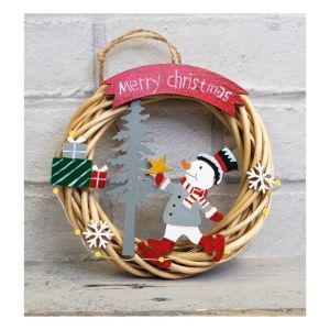 St Helens Battery Powered Wicker Christmas Wreath. Snowman #3