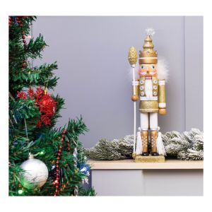 St Helens Nutcracker with Staff Christmas Decoration. Gold White #3